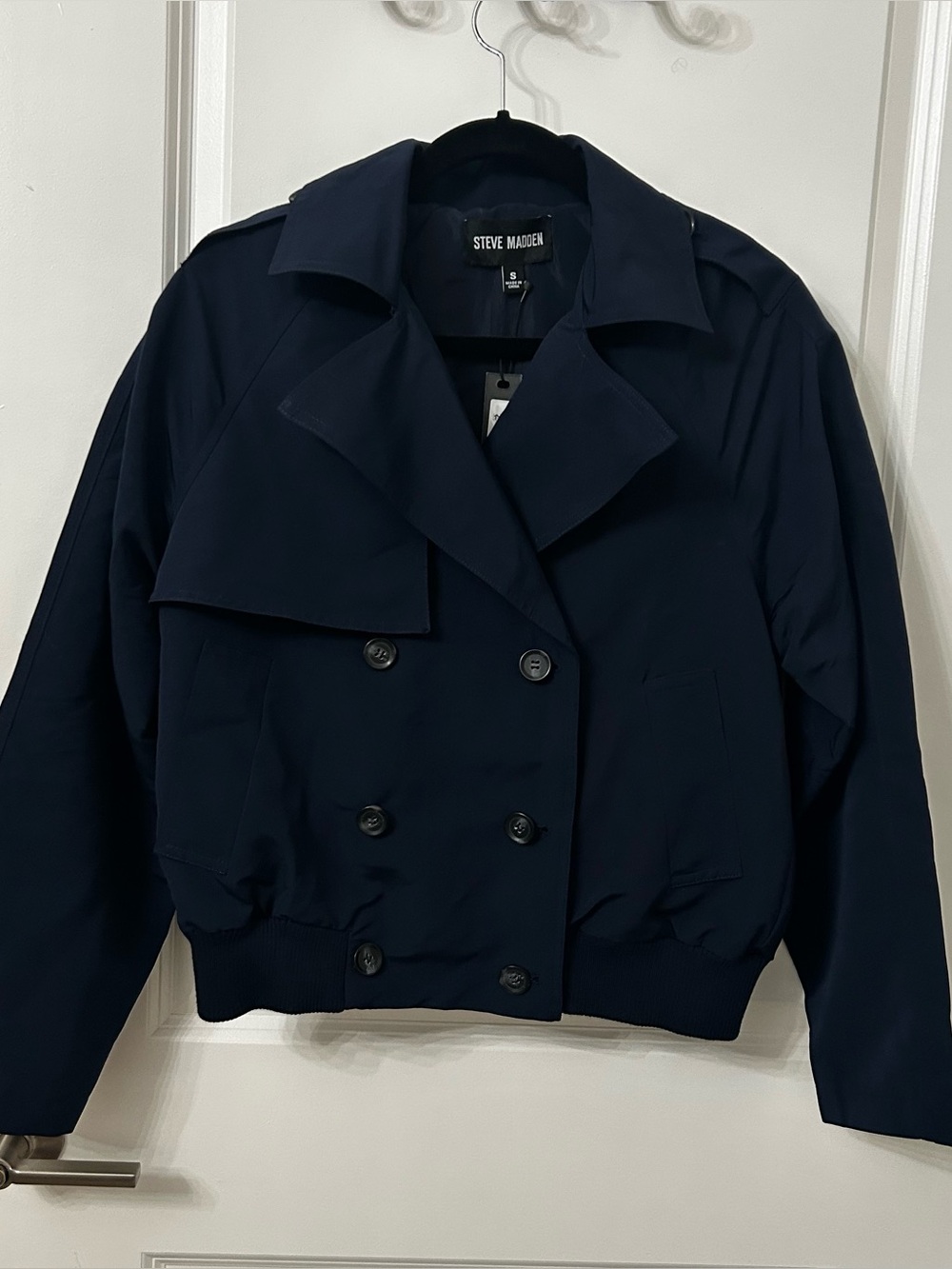 NWT Steve Madden Navy Double-Breasted Cropped Trench Coat Size Small